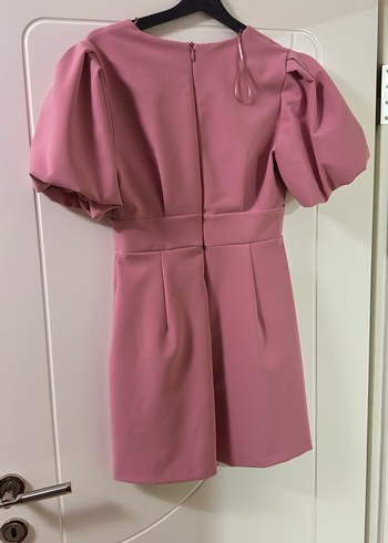 Pembe aDL V Yaka Balon Kol Mini Elbise - Görsel 3