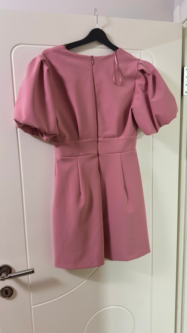 Pembe aDL V Yaka Balon Kol Mini Elbise - Görsel 3