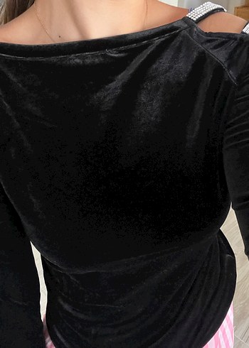 Diğer Siyah süet Düğmeli Strappy Uzun Bluz