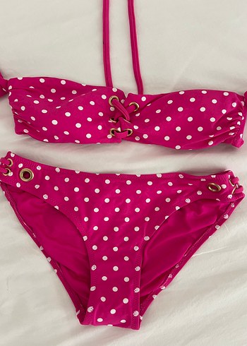 36 Beden Puantiye Desenli Düğmeli Pembe Bikini