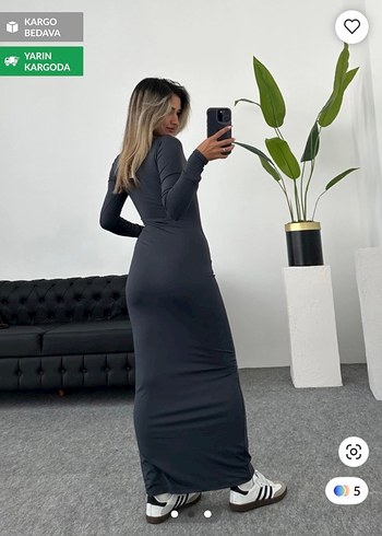 Gri Uzun Kollu Yüksek Yaka Elbise - Görsel 2