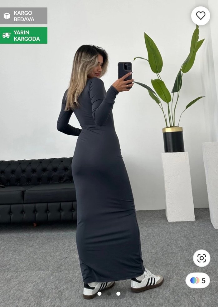 Gri Uzun Kollu Yüksek Yaka Elbise - Görsel 2