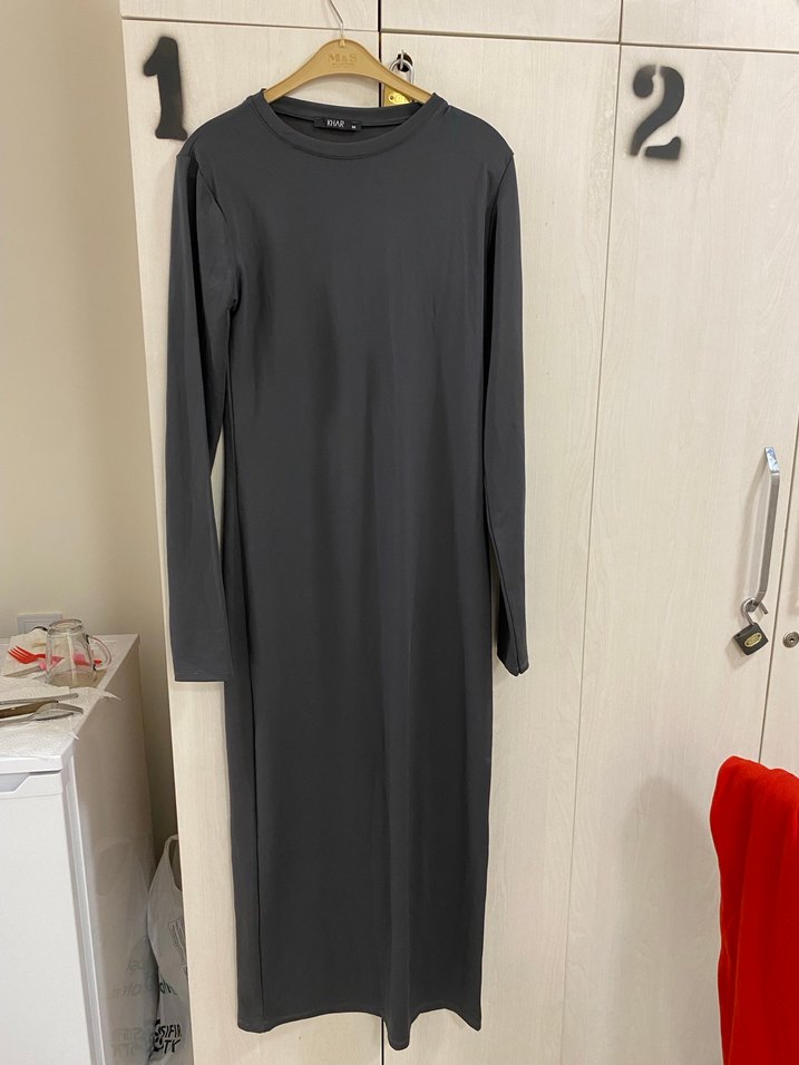 Gri Uzun Kollu Yüksek Yaka Elbise - Görsel 4