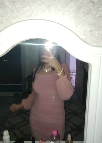 Pembe Transparan Midi Abiye Elbise