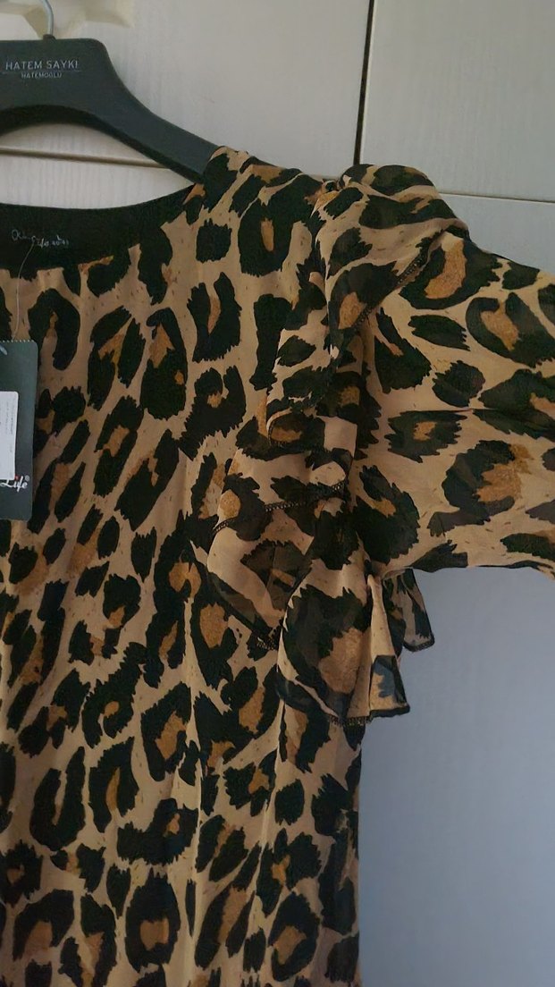 Leopar Desenli Kadın Uzun Kollu Şifon Elbise - Görsel 4