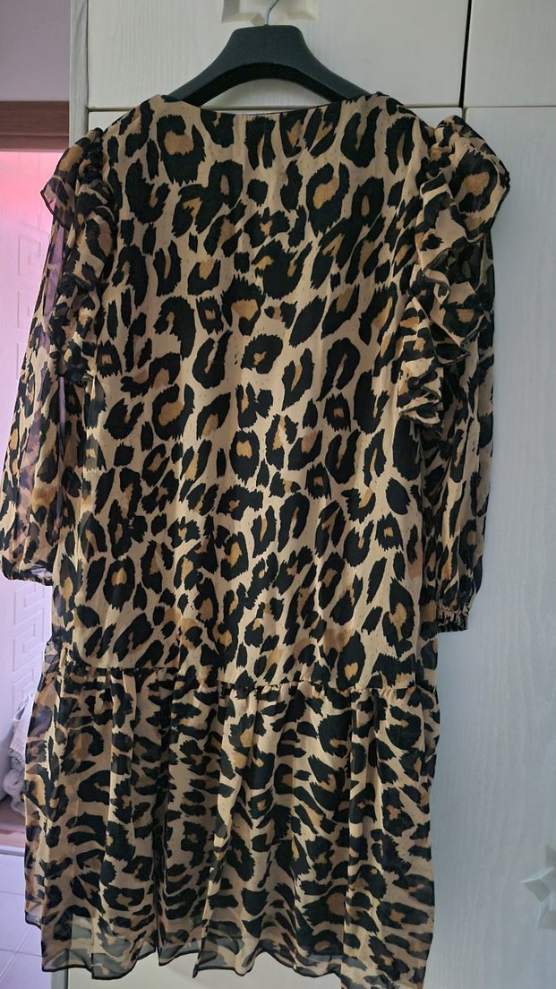 Leopar Desenli Kadın Uzun Kollu Şifon Elbise - Görsel 3