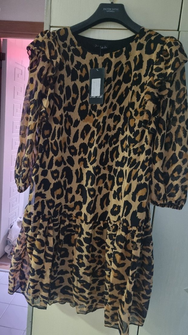 Leopar Desenli Kadın Uzun Kollu Şifon Elbise - Görsel 2