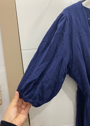 Lacivert V Yakalı Uzun Keten müslin  Elbise - Görsel 4