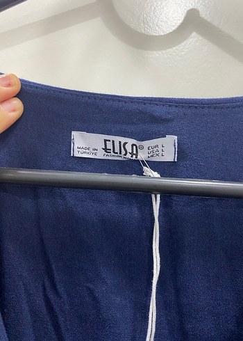 Lacivert V Yakalı Uzun Keten müslin  Elbise - Görsel 5