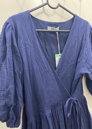 Lacivert V Yakalı Uzun Keten müslin  Elbise - Görsel 3