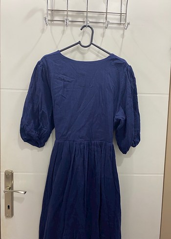 Lacivert V Yakalı Uzun Keten müslin  Elbise - Görsel 7