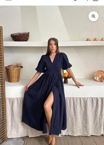 Lacivert V Yakalı Uzun Keten müslin  Elbise - Görsel 2