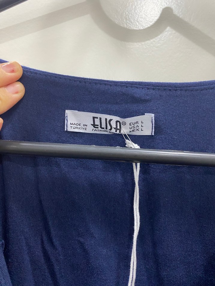 Lacivert V Yakalı Uzun Keten müslin  Elbise - Görsel 5