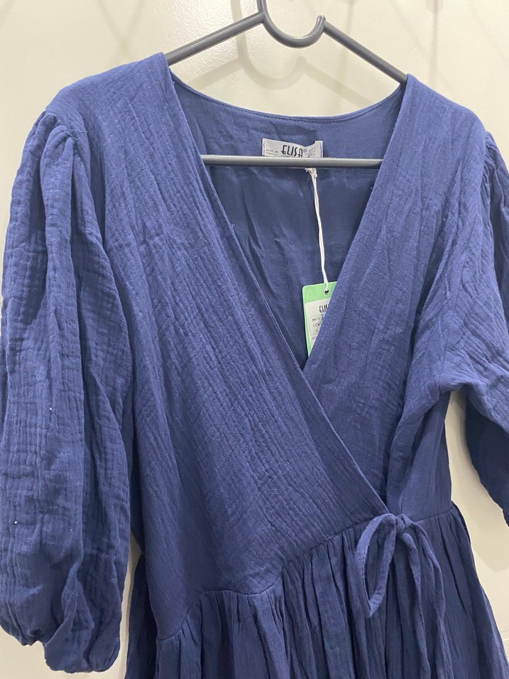 Lacivert V Yakalı Uzun Keten müslin  Elbise - Görsel 3