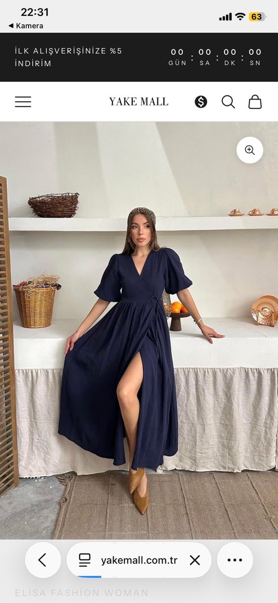 Lacivert V Yakalı Uzun Keten müslin  Elbise - Görsel 2