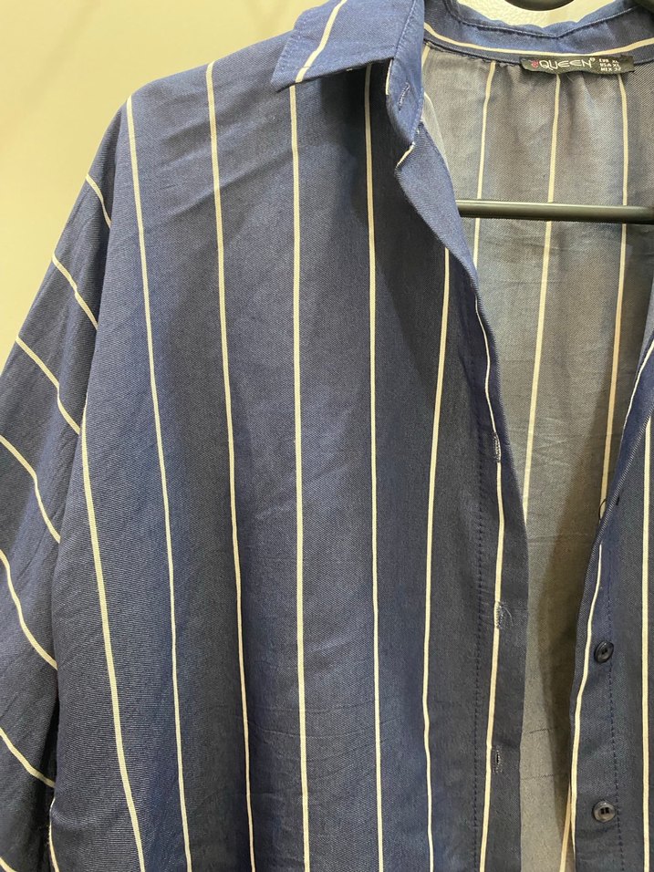 Kadın Mavi Çizgili Keten Gömlek - Görsel 5