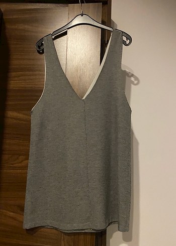 Gri V Yaka Vintage Baskılı Kolsuz elbise - Görsel 2