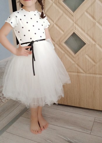 Kız Çocuk Beyaz Puantiyeli Tül Elbise - Görsel 2