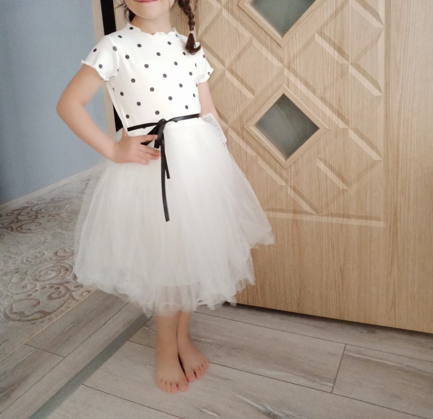 Kız Çocuk Beyaz Puantiyeli Tül Elbise - Görsel 2