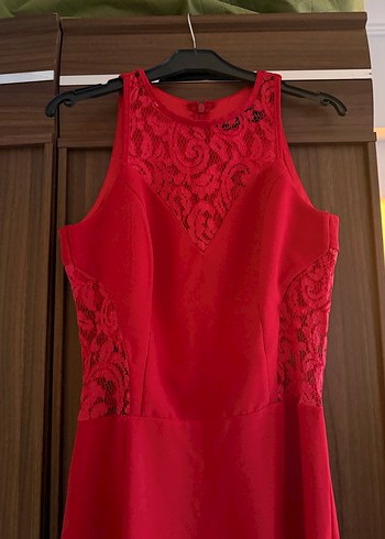 Dantelli Kırmızı Uzun Cengiz Abazoğlu tasarım Abiye Elbise - Görsel 3