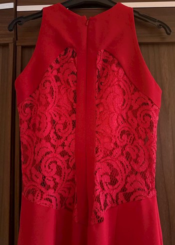 Dantelli Kırmızı Uzun Cengiz Abazoğlu tasarım Abiye Elbise - Görsel 4