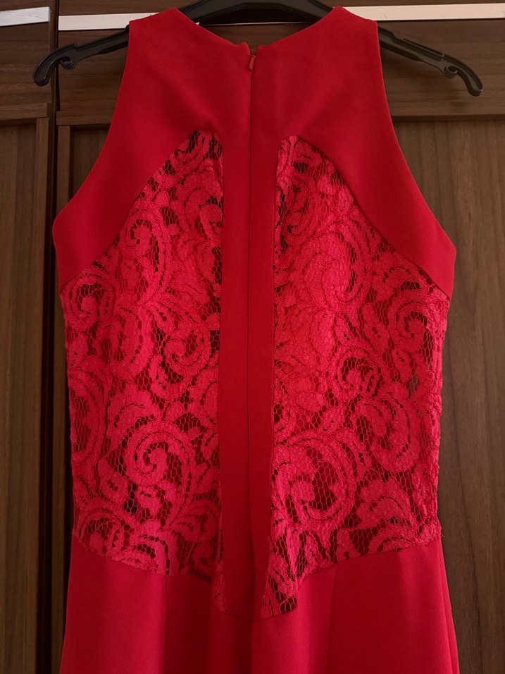Dantelli Kırmızı Uzun Cengiz Abazoğlu tasarım Abiye Elbise - Görsel 4