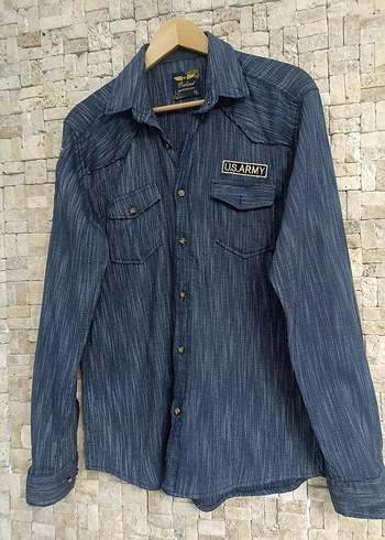 Düğmeli Lacivert Denim Erkek Gömlek - Görsel 2