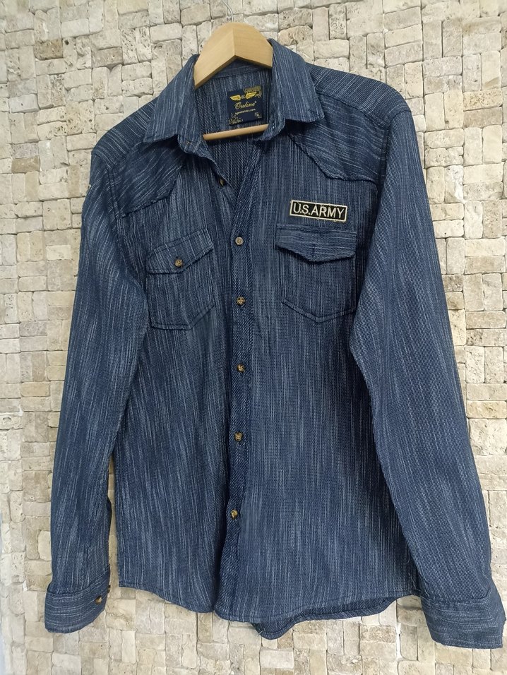 Düğmeli Lacivert Denim Erkek Gömlek - Görsel 2