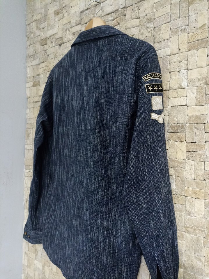 Düğmeli Lacivert Denim Erkek Gömlek - Görsel 3