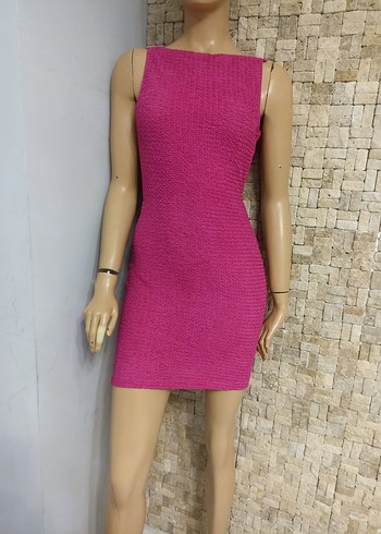 Pembe Kolsuz Mini Triko Elbise - Görsel 3