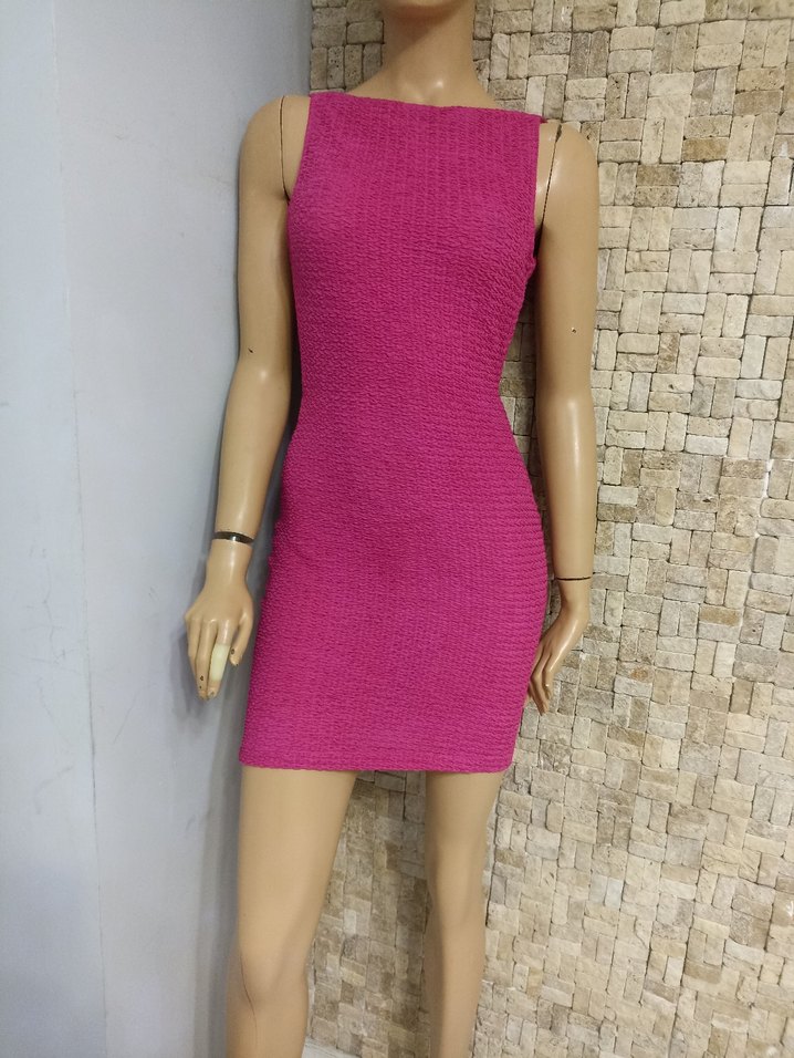 Pembe Kolsuz Mini Triko Elbise - Görsel 3