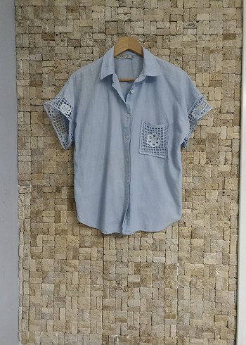 Nakışlı Mavi Kısa Kollu  Gömlek - Görsel 2