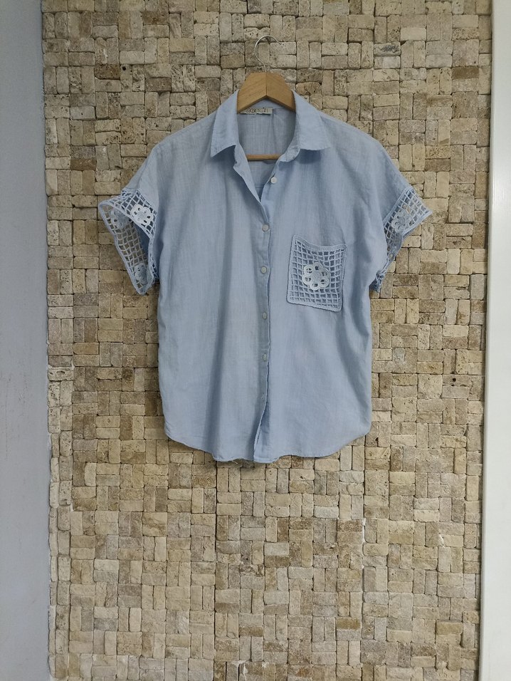 Nakışlı Mavi Kısa Kollu  Gömlek - Görsel 2