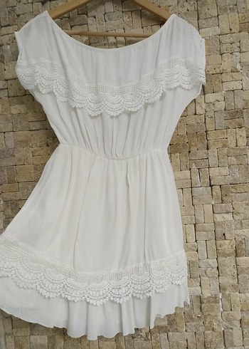Dantel Detaylı Beyaz Keten Mini Elbise - Görsel 2