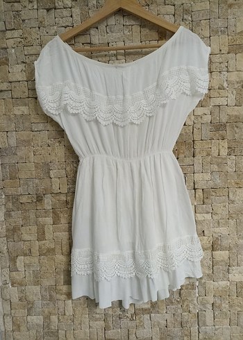 Dantel Detaylı Beyaz Keten Mini Elbise - Görsel 3