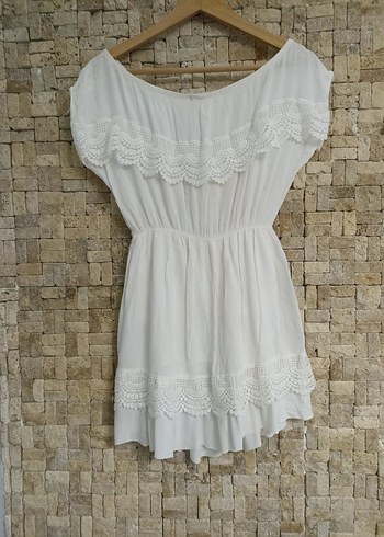 Dantel Detaylı Beyaz Keten Mini Elbise - Görsel 4