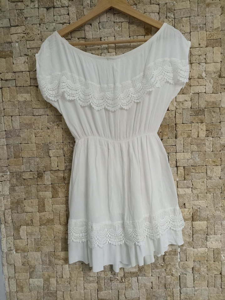 Dantel Detaylı Beyaz Keten Mini Elbise - Görsel 3