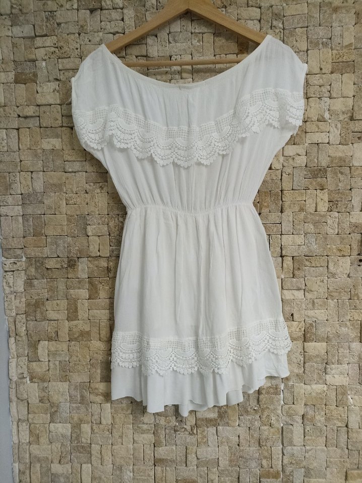 Dantel Detaylı Beyaz Keten Mini Elbise - Görsel 4