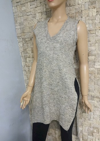 Krem V Yakalı Uzun Triko Süveter - Görsel 3