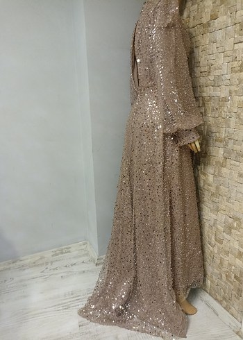 Bej Uzun Kollu Drapeli Abiye Elbise - Görsel 3