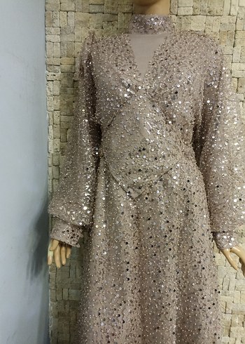 Bej Uzun Kollu Drapeli Abiye Elbise - Görsel 4