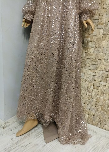 Bej Uzun Kollu Drapeli Abiye Elbise - Görsel 7