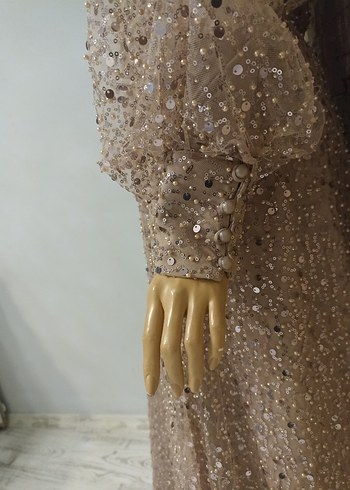 Bej Uzun Kollu Drapeli Abiye Elbise - Görsel 5