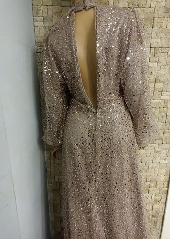 Bej Uzun Kollu Drapeli Abiye Elbise - Görsel 6