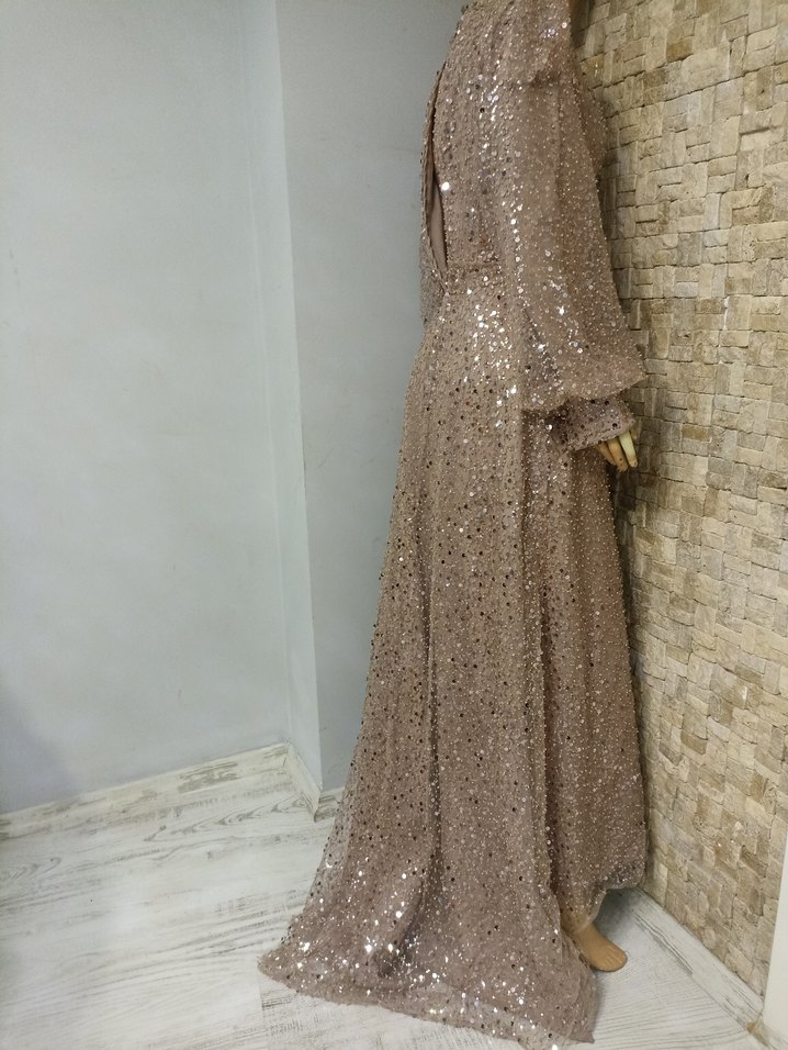 Bej Uzun Kollu Drapeli Abiye Elbise - Görsel 3