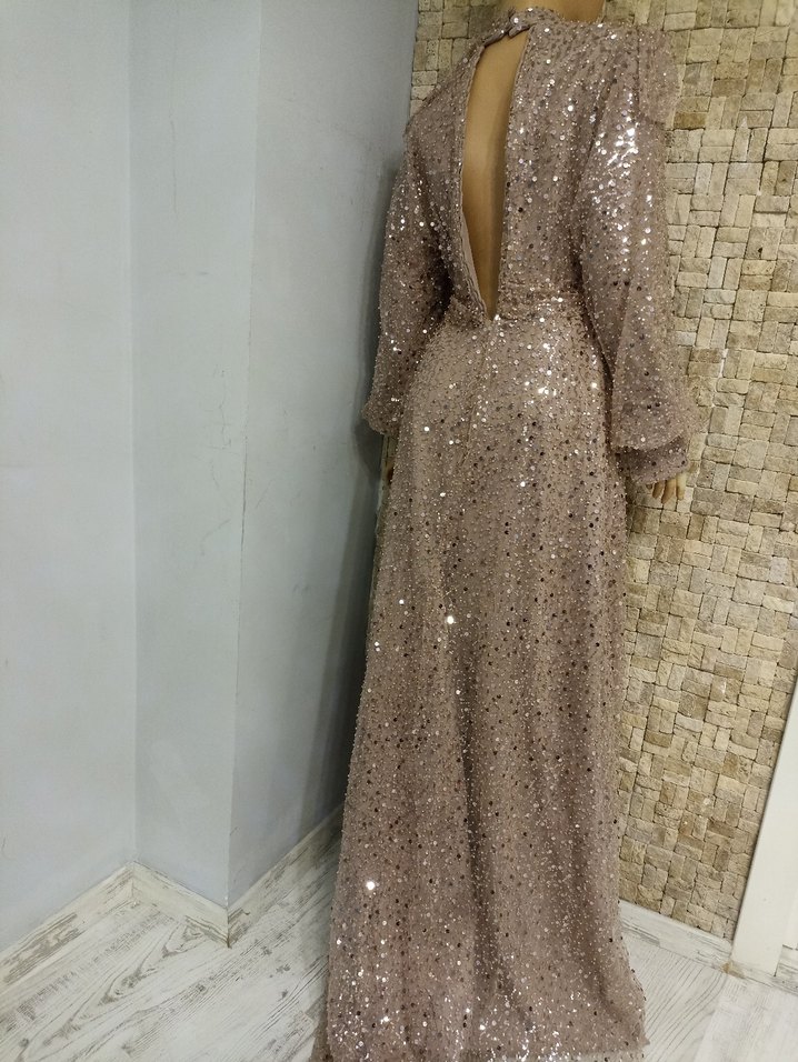 Bej Uzun Kollu Drapeli Abiye Elbise - Görsel 2