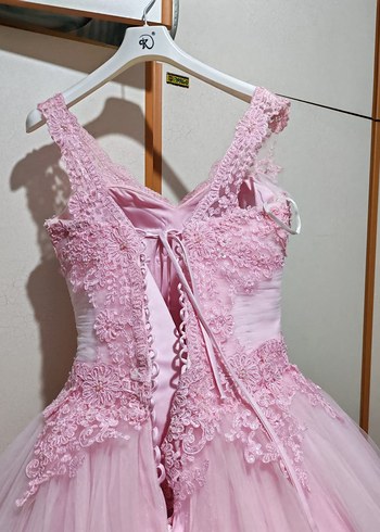Dantel İşlemeli Pembe Uzun prenses model nişanlık - Görsel 7