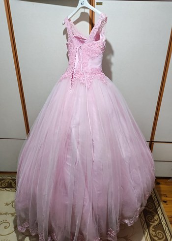 Dantel İşlemeli Pembe Uzun prenses model nişanlık - Görsel 5