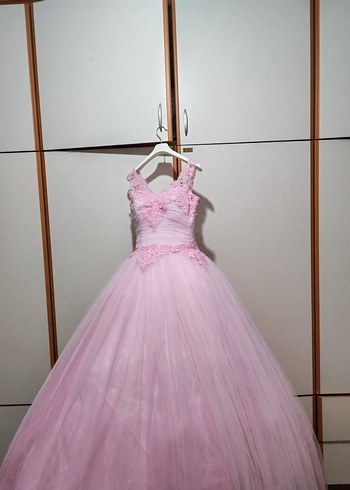 Dantel İşlemeli Pembe Uzun prenses model nişanlık - Görsel 2