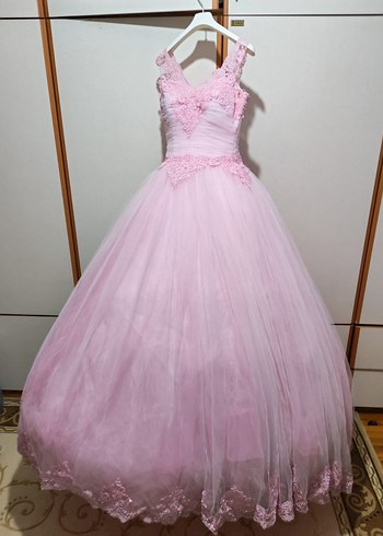 Dantel İşlemeli Pembe Uzun prenses model nişanlık - Görsel 3